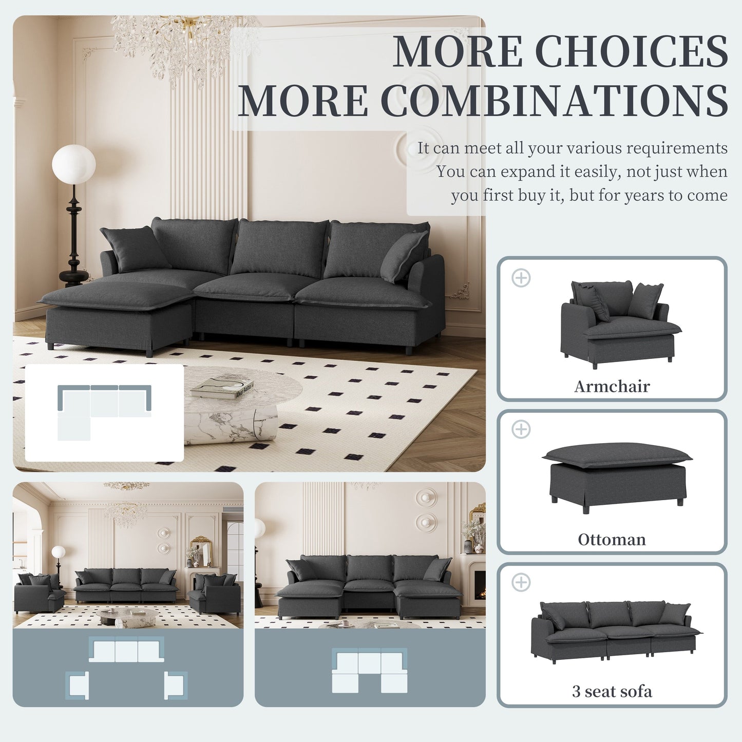 Chenille Sectional Sofa With Ottoman,L Shaped Cloud Couch Set With Throw Pillows,Free Combination,4 Seat Modular Upholstered