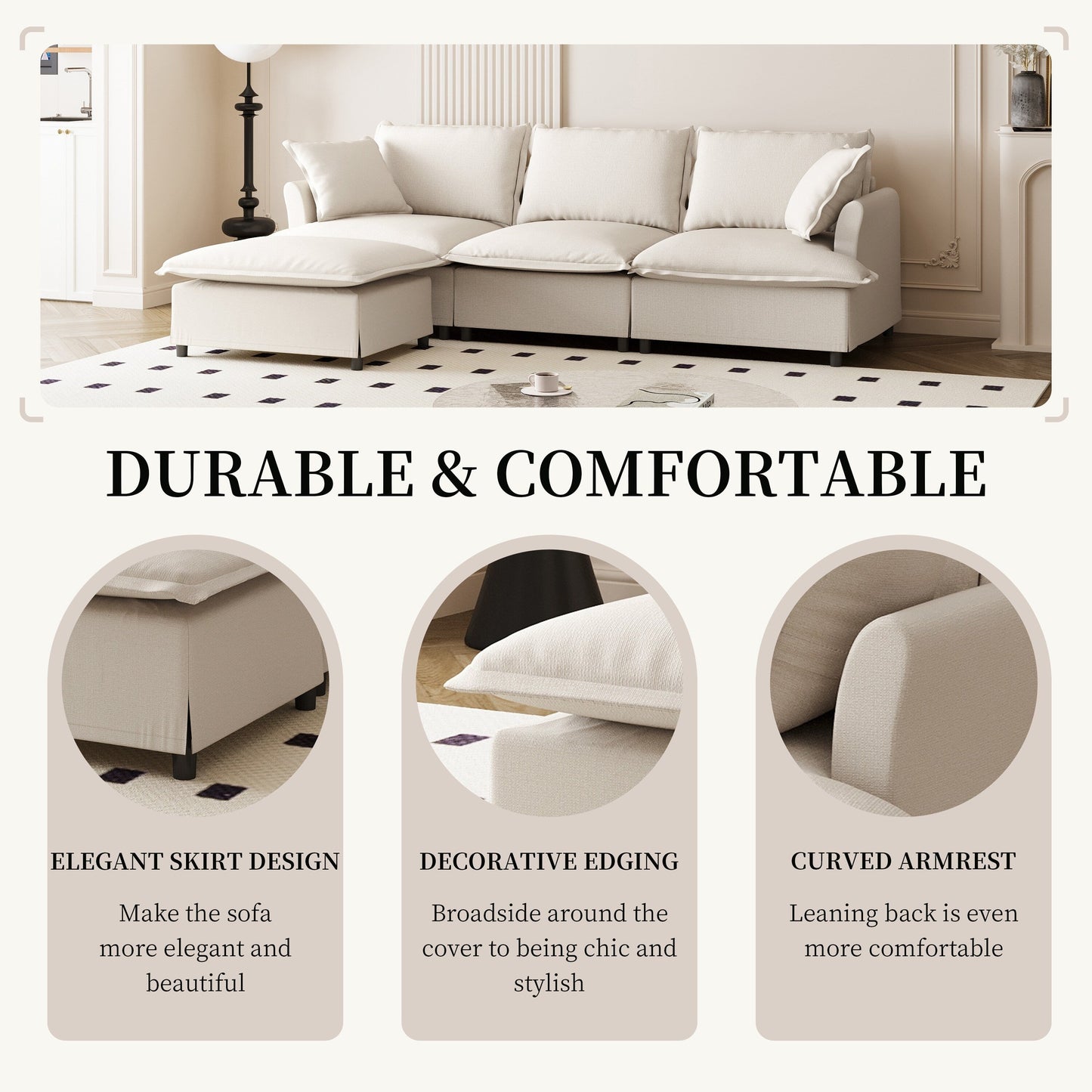 Chenille Sectional Sofa With Ottoman,L Shaped Cloud Couch Set With Throw Pillows,Free Combination,4 Seat Modular Upholstered