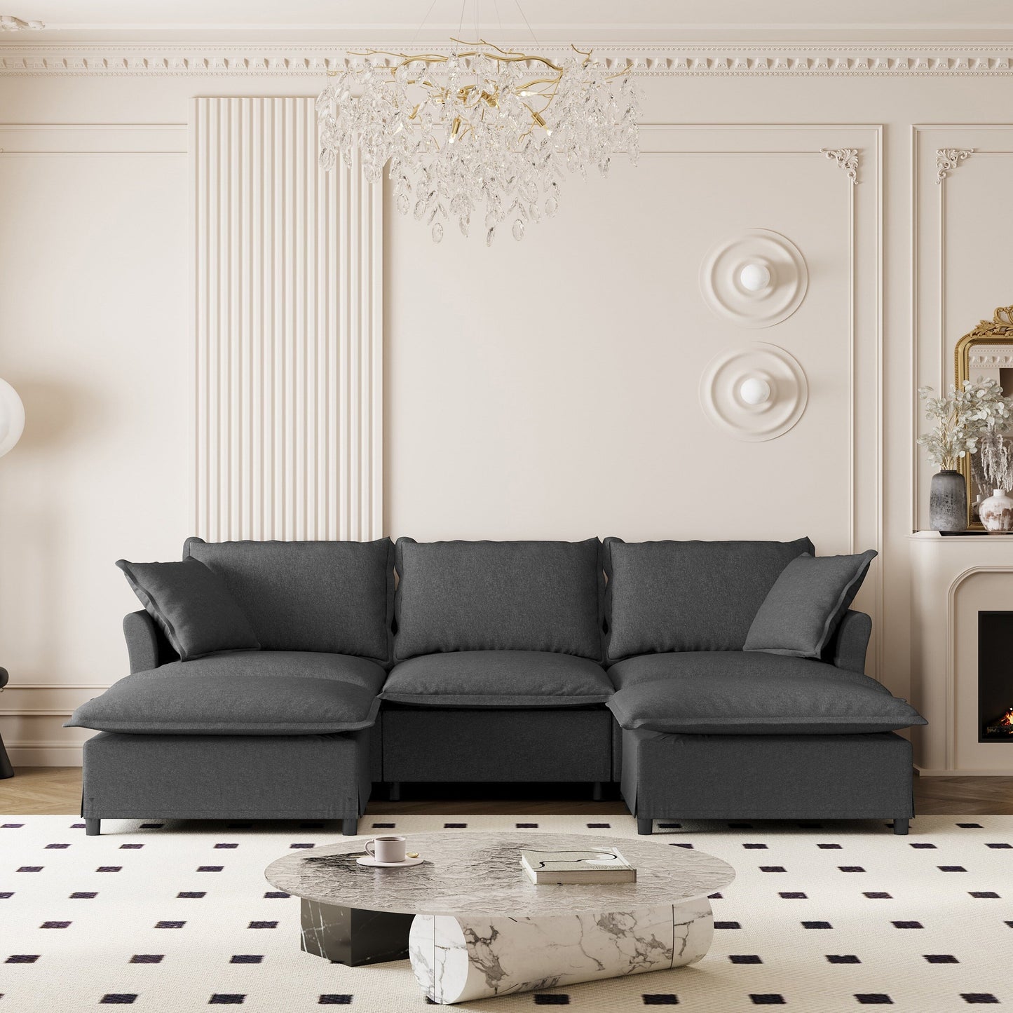 Chenille Sectional Sofa With Ottoman,U Shaped Cloud Sleeper Couch Set With Pillows,Free Combination,5 Seat Modular Upholstered