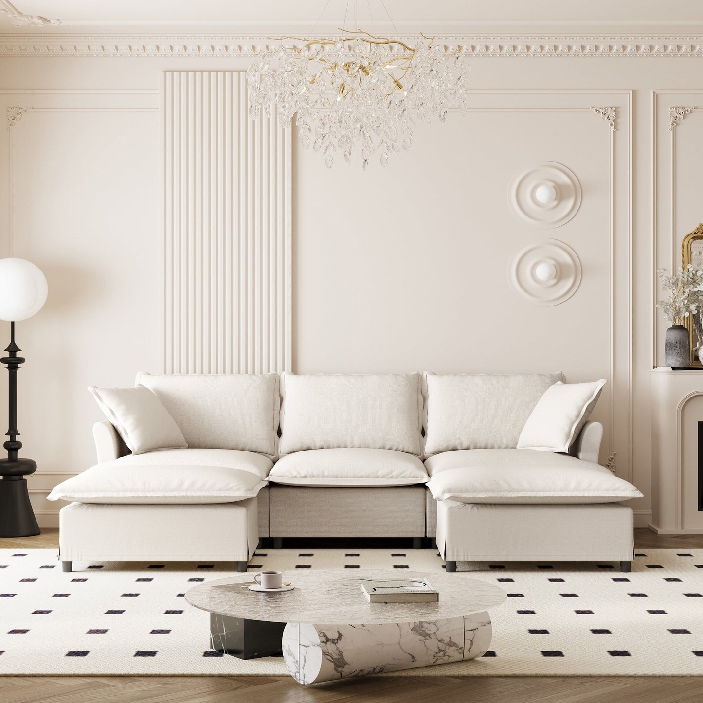 Chenille Sectional Sofa With Ottoman,U Shaped Cloud Sleeper Couch Set With Pillows,Free Combination,5 Seat Modular Upholstered