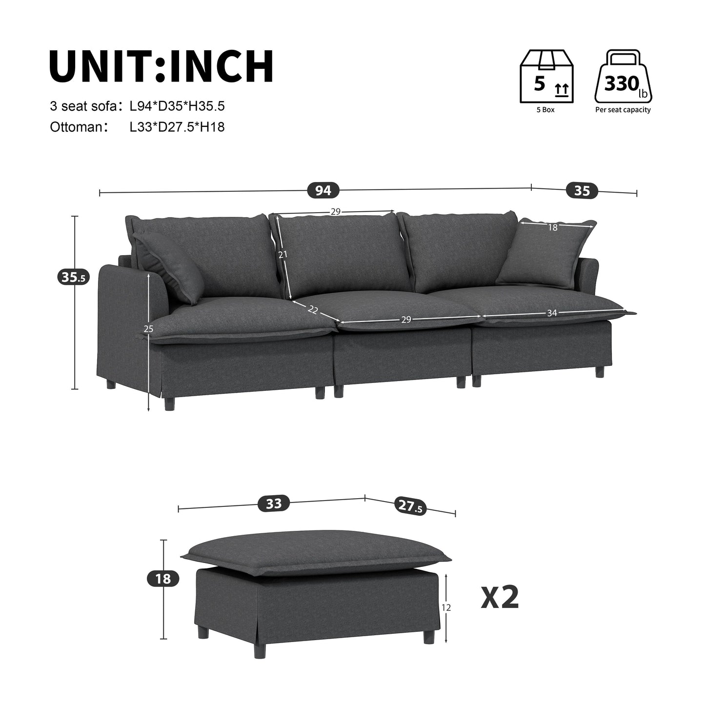 Chenille Sectional Sofa With Ottoman,U Shaped Cloud Sleeper Couch Set With Pillows,Free Combination,5 Seat Modular Upholstered