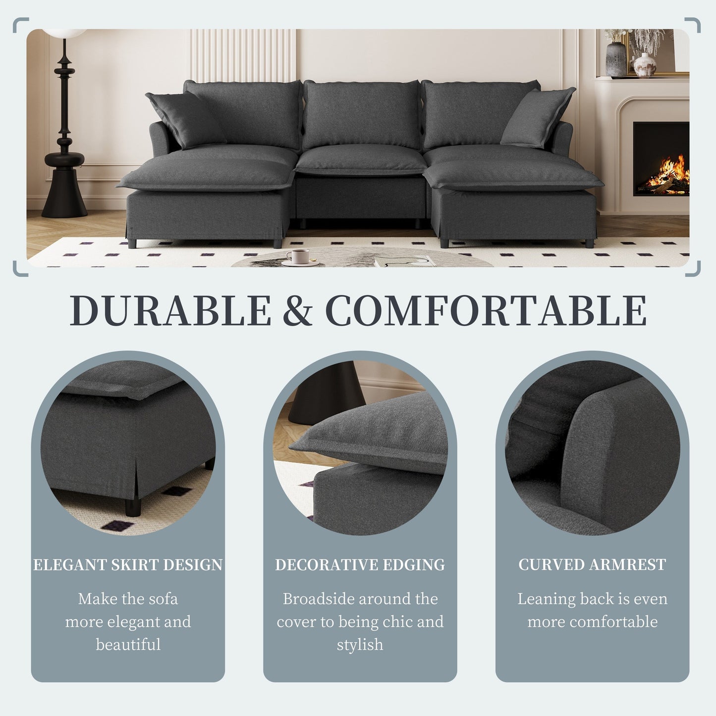 Chenille Sectional Sofa With Ottoman,U Shaped Cloud Sleeper Couch Set With Pillows,Free Combination,5 Seat Modular Upholstered