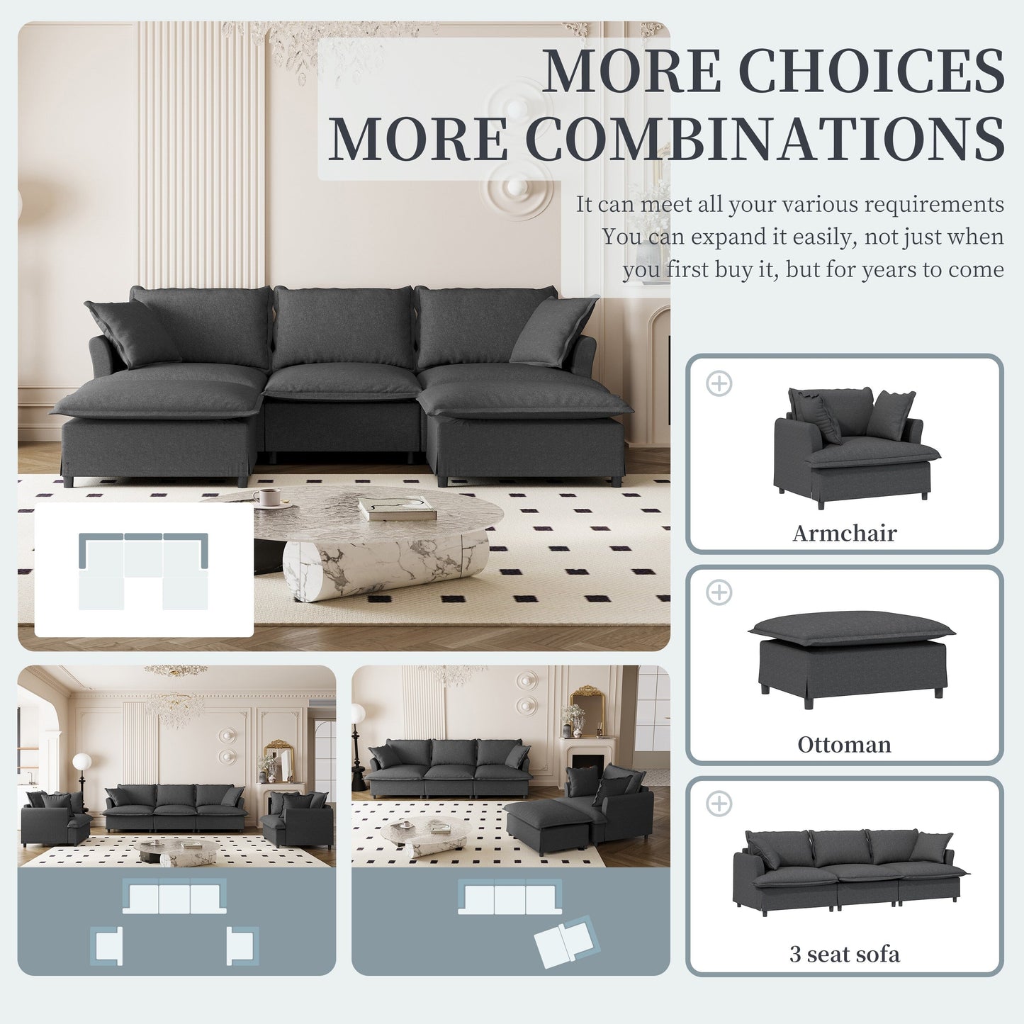 Chenille Sectional Sofa With Ottoman,U Shaped Cloud Sleeper Couch Set With Pillows,Free Combination,5 Seat Modular Upholstered