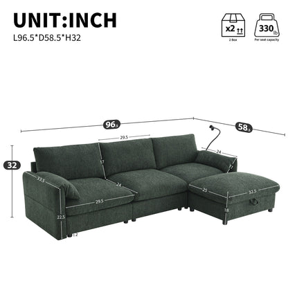 Chenille Sectional Sofa With Storage Ottoman And Pockets,Adjustable Phone Holder,Wide Seat,L Shaped Couch Set With Usb Charger