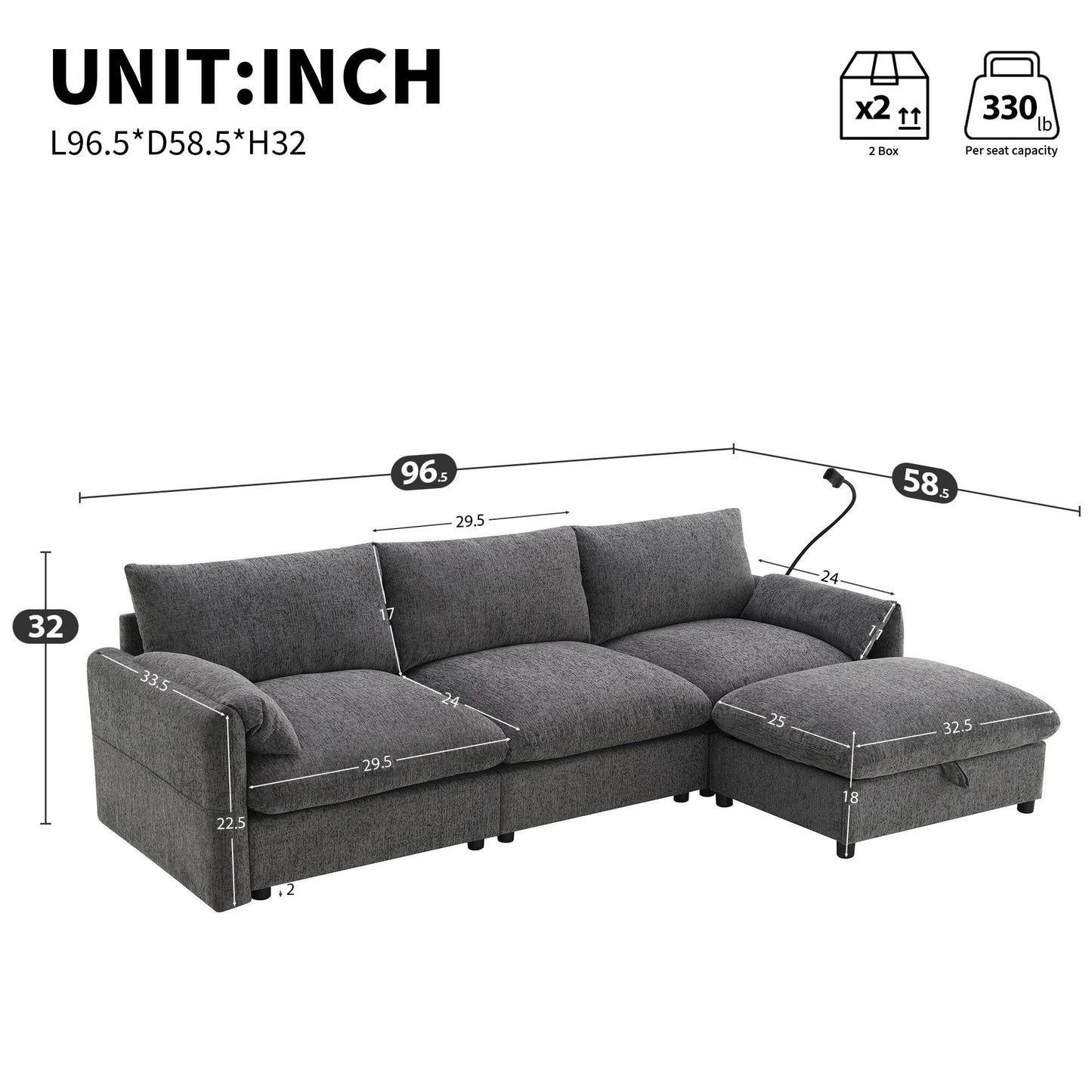 Chenille Sectional Sofa With Storage Ottoman And Pockets,Adjustable Phone Holder,Wide Seat,L Shaped Couch Set With Usb Charger