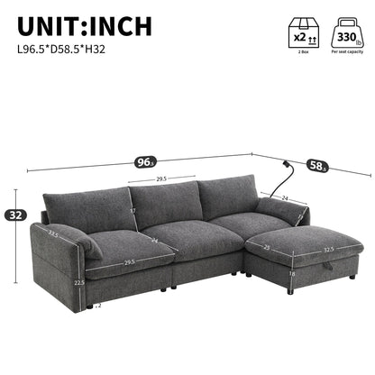 Chenille Sectional Sofa With Storage Ottoman And Pockets,Adjustable Phone Holder,Wide Seat,L Shaped Couch Set With Usb Charger
