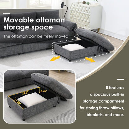 Chenille Sectional Sofa With Storage Ottoman And Pockets,Adjustable Phone Holder,Wide Seat,L Shaped Couch Set With Usb Charger