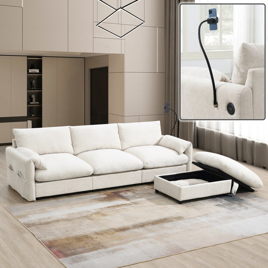 Chenille Sectional Sofa With Storage Ottoman And Pockets,Adjustable Phone Holder,Wide Seat,L Shaped Couch Set With Usb Charger