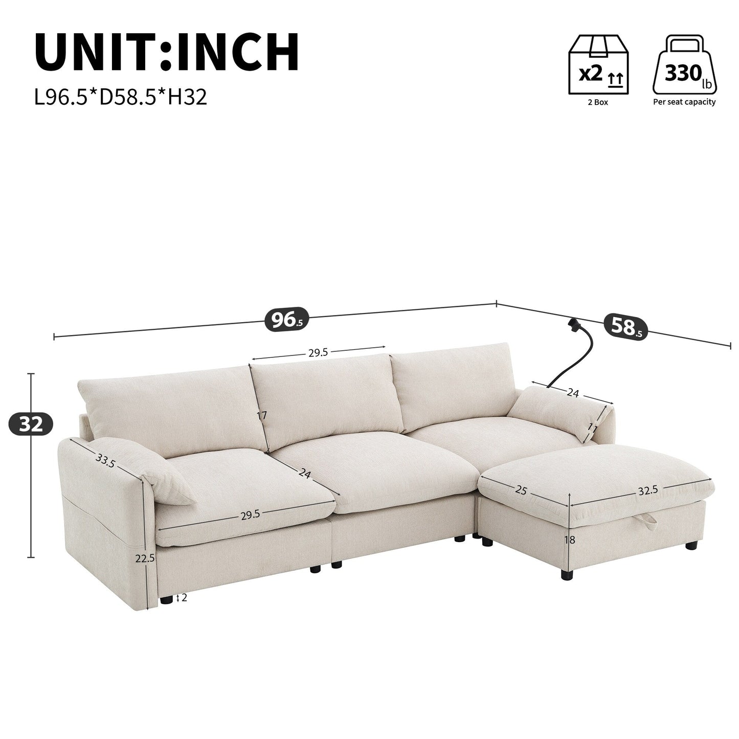 Chenille Sectional Sofa With Storage Ottoman And Pockets,Adjustable Phone Holder,Wide Seat,L Shaped Couch Set With Usb Charger
