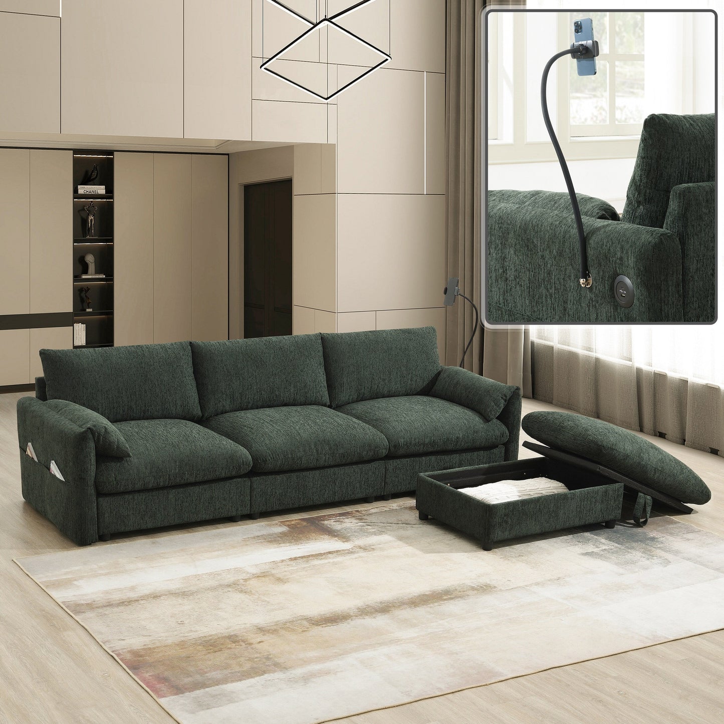 Chenille Sectional Sofa With Storage Ottoman And Pockets,Adjustable Phone Holder,Wide Seat,L Shaped Couch Set With Usb Charger