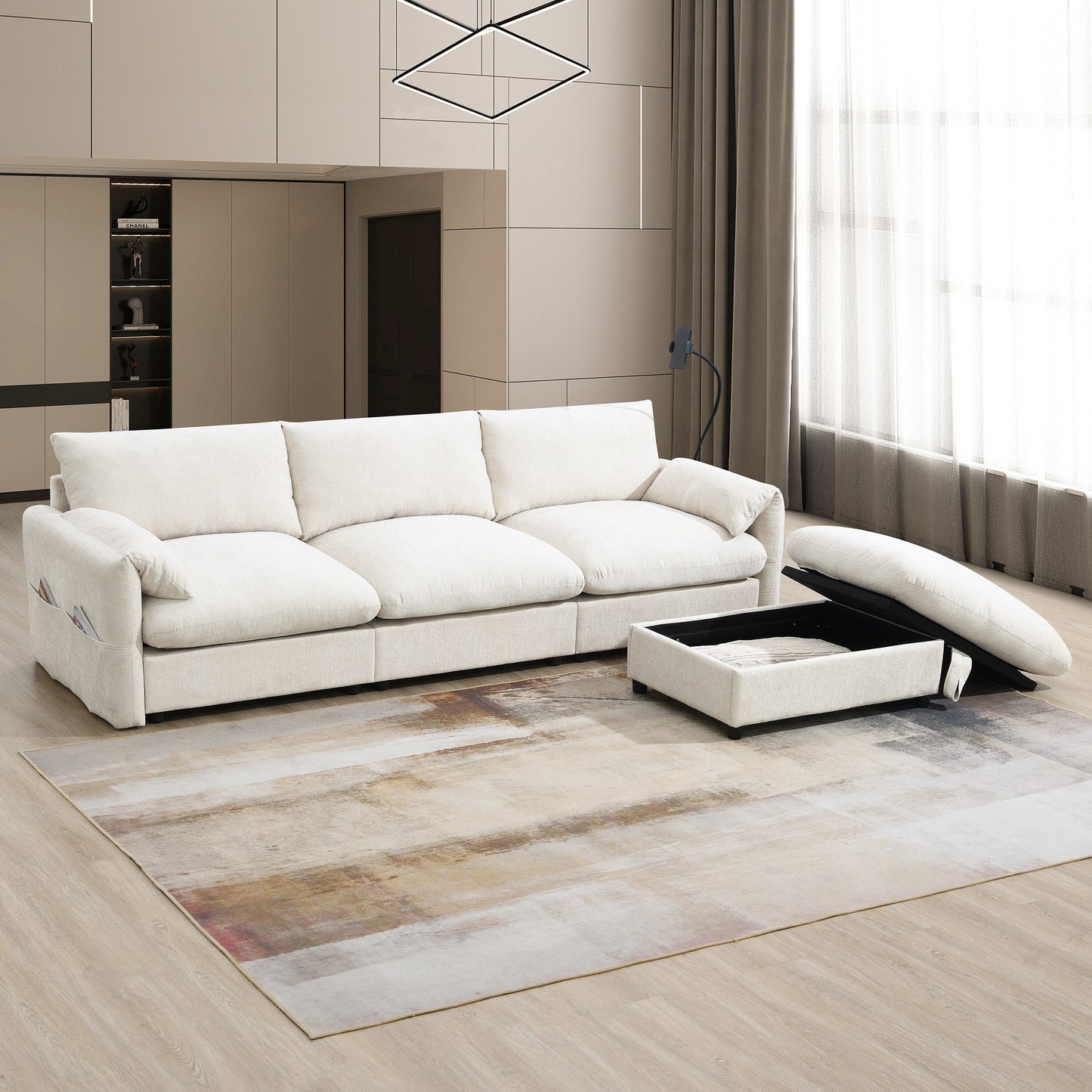 Chenille Sectional Sofa With Storage Ottoman And Pockets,Adjustable Phone Holder,Wide Seat,L Shaped Couch Set With Usb Charger