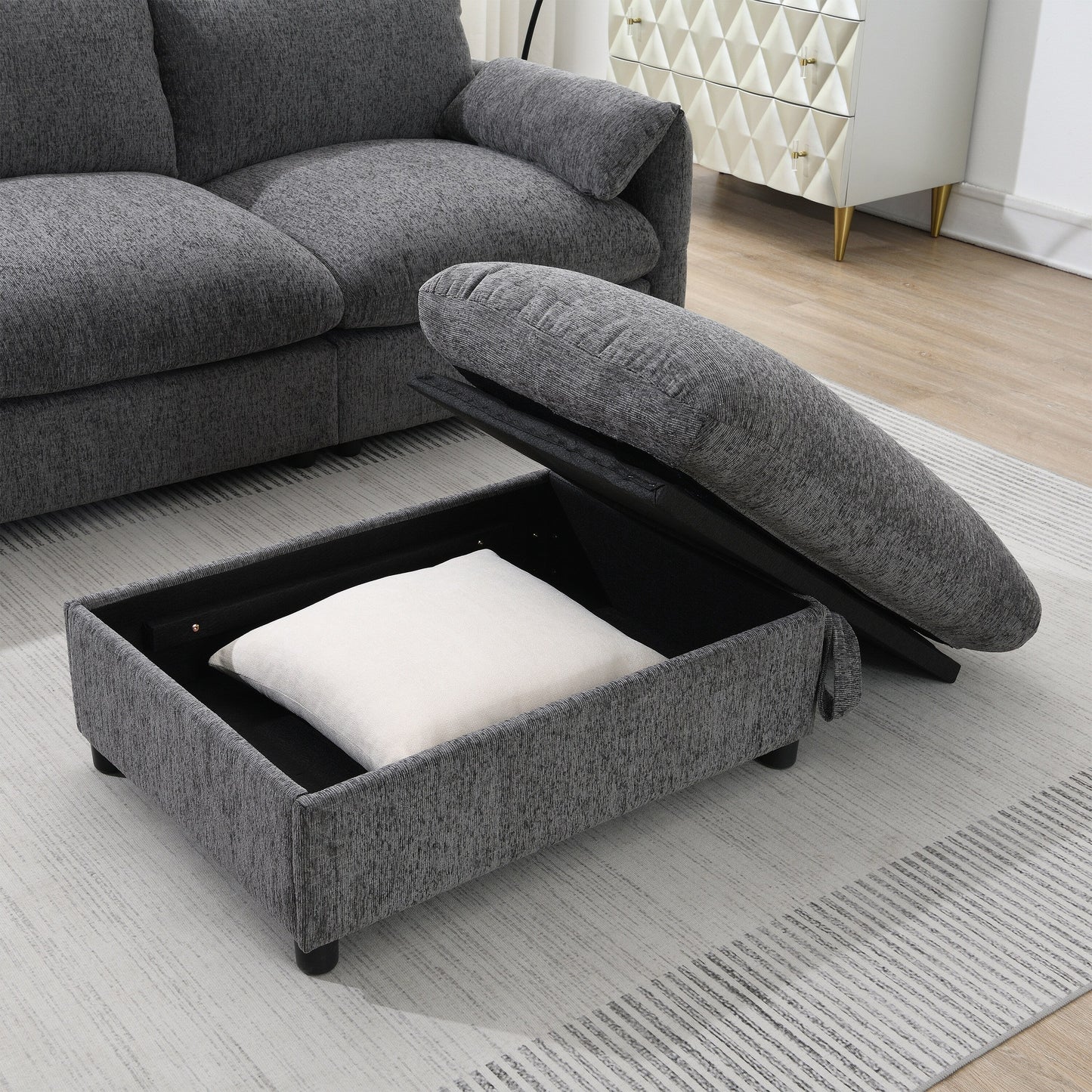 Chenille Sectional Sofa With Storage Ottoman And Pockets,Adjustable Phone Holder,Wide Seat,L Shaped Couch Set With Usb Charger