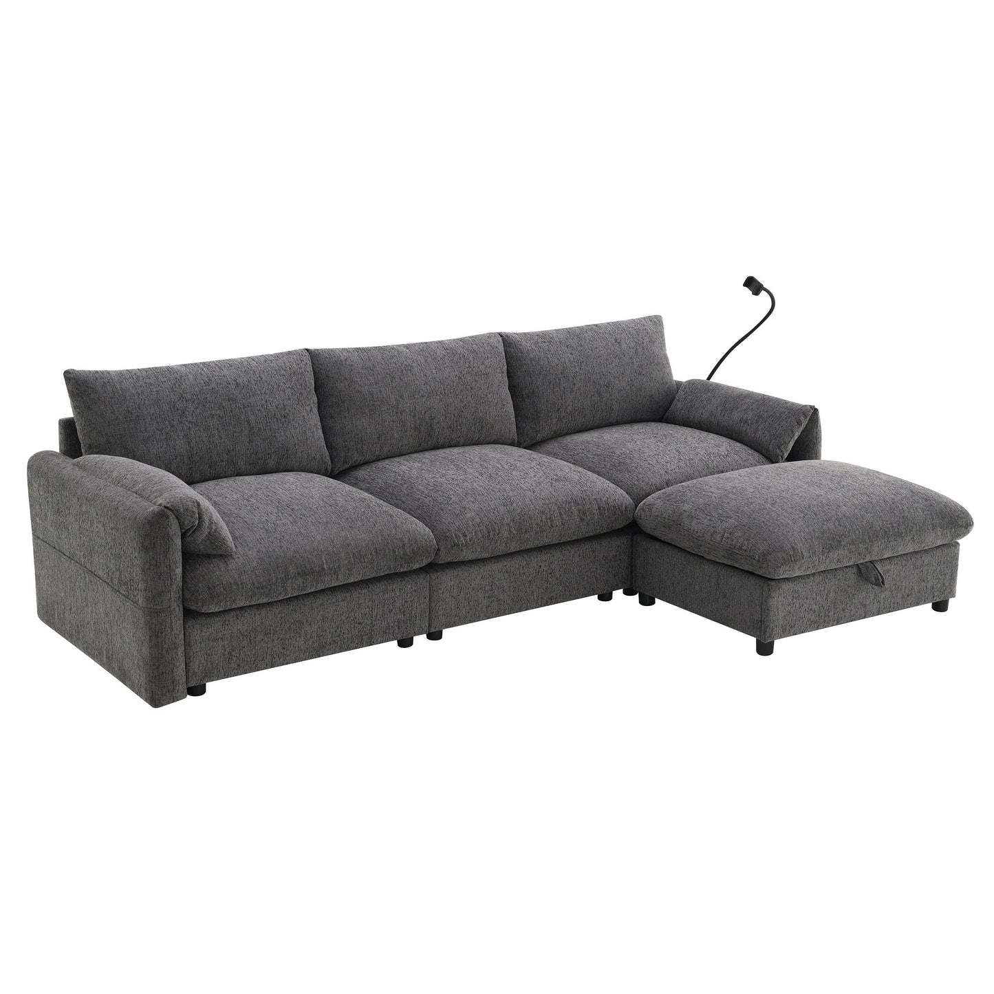 Chenille Sectional Sofa With Storage Ottoman And Pockets,Adjustable Phone Holder,Wide Seat,L Shaped Couch Set With Usb Charger