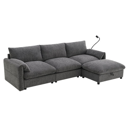 Chenille Sectional Sofa With Storage Ottoman And Pockets,Adjustable Phone Holder,Wide Seat,L Shaped Couch Set With Usb Charger