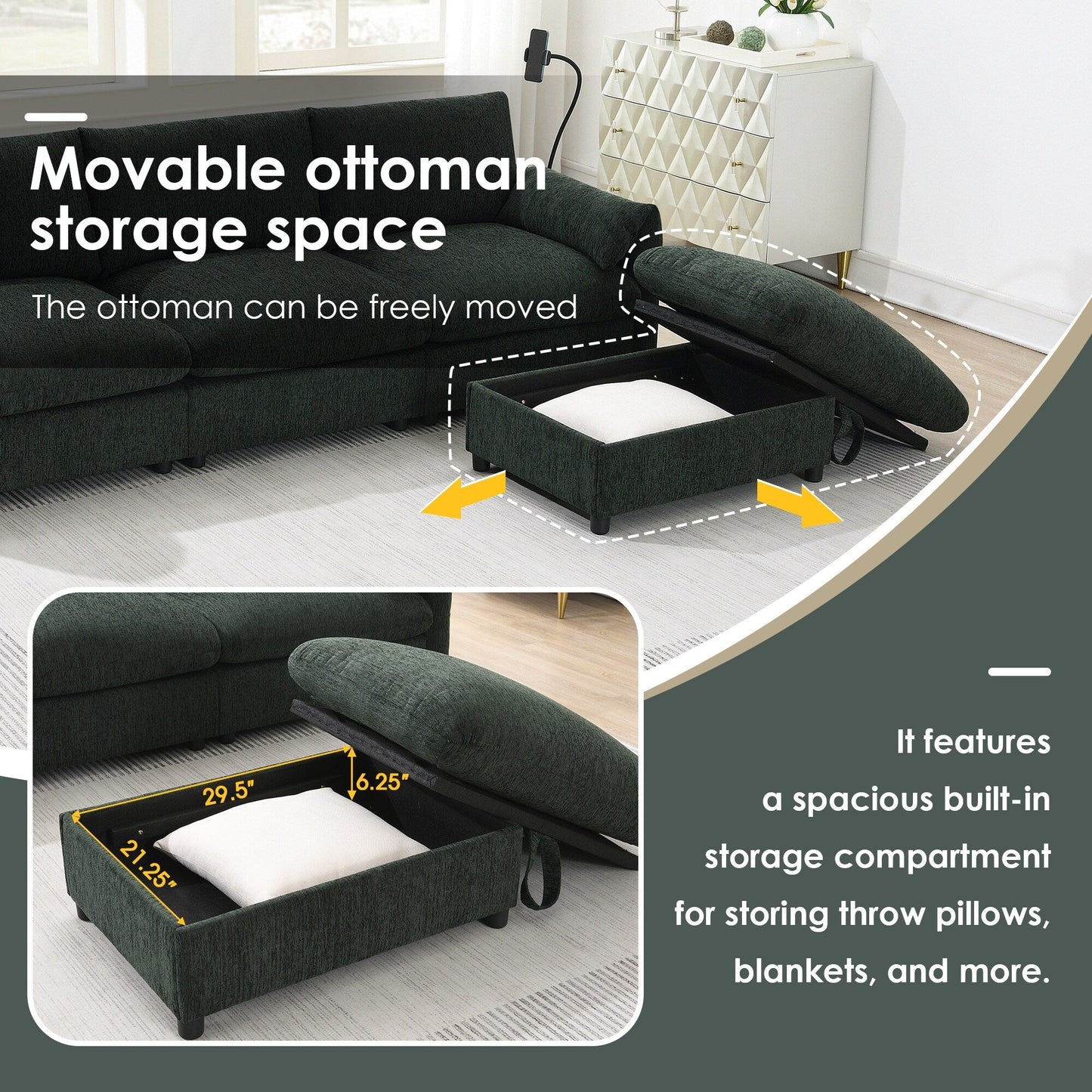 Chenille Sectional Sofa With Storage Ottoman And Pockets,Adjustable Phone Holder,Wide Seat,L Shaped Couch Set With Usb Charger
