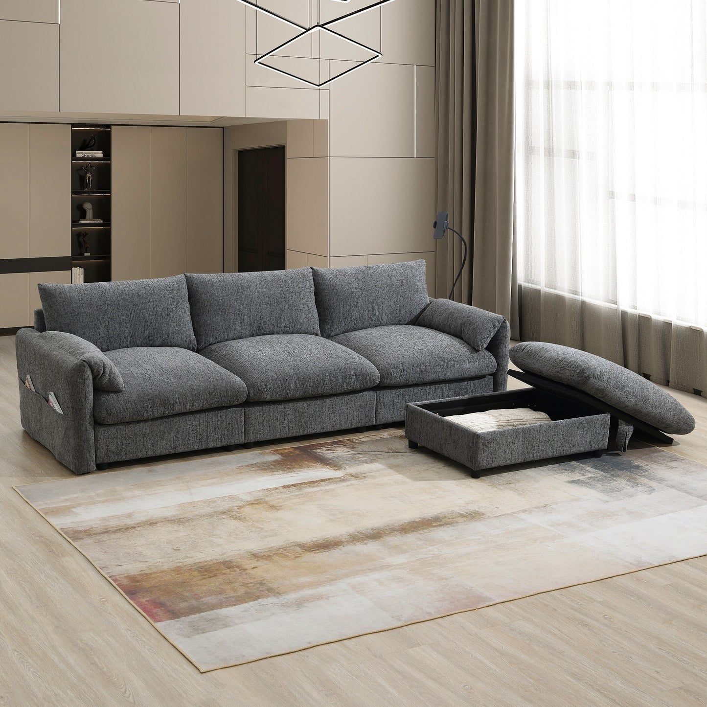 Chenille Sectional Sofa With Storage Ottoman And Pockets,Adjustable Phone Holder,Wide Seat,L Shaped Couch Set With Usb Charger
