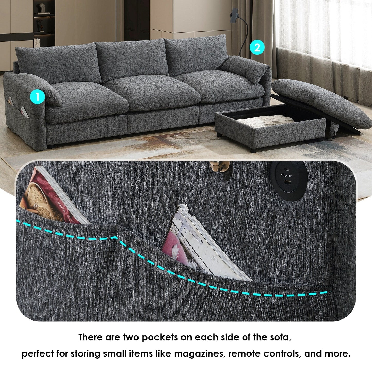 Chenille Sectional Sofa With Storage Ottoman And Pockets,Adjustable Phone Holder,Wide Seat,L Shaped Couch Set With Usb Charger