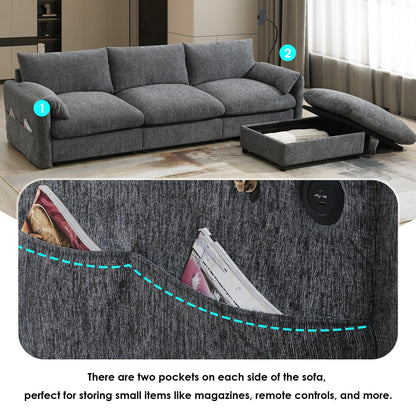 Chenille Sectional Sofa With Storage Ottoman And Pockets,Adjustable Phone Holder,Wide Seat,L Shaped Couch Set With Usb Charger