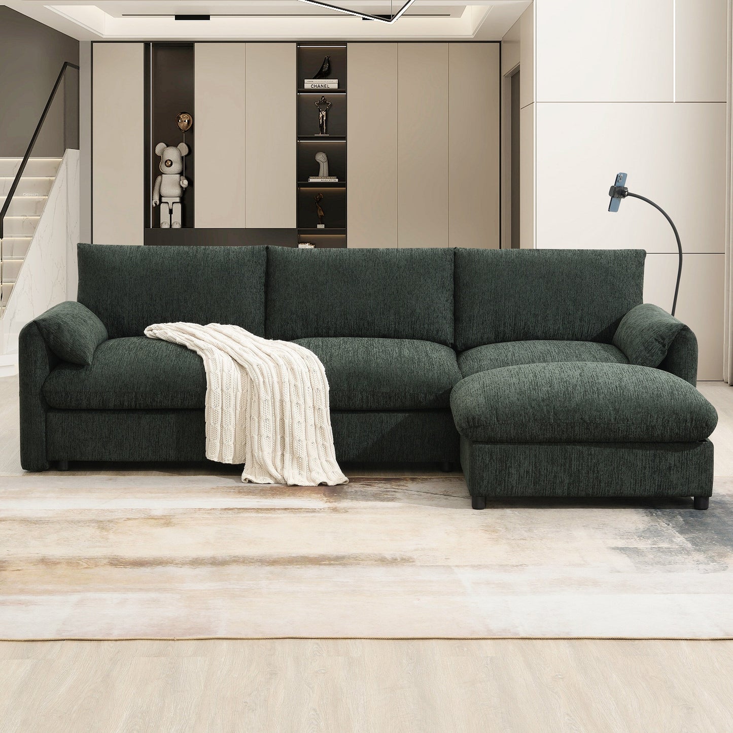 Chenille Sectional Sofa With Storage Ottoman And Pockets,Adjustable Phone Holder,Wide Seat,L Shaped Couch Set With Usb Charger