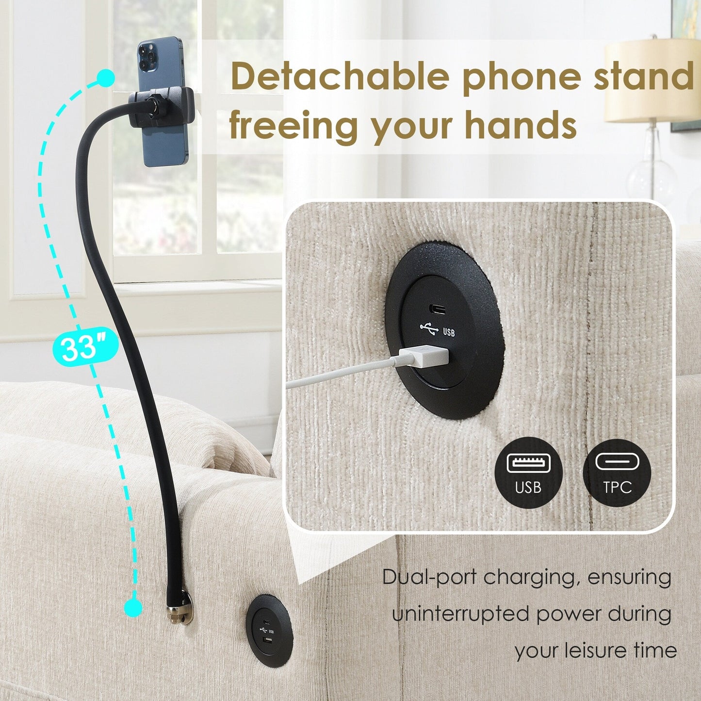 Chenille Sectional Sofa With Storage Ottoman And Pockets,Adjustable Phone Holder,Wide Seat,L Shaped Couch Set With Usb Charger
