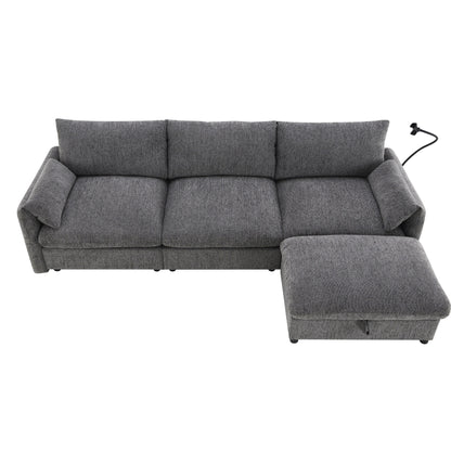 Chenille Sectional Sofa With Storage Ottoman And Pockets,Adjustable Phone Holder,Wide Seat,L Shaped Couch Set With Usb Charger