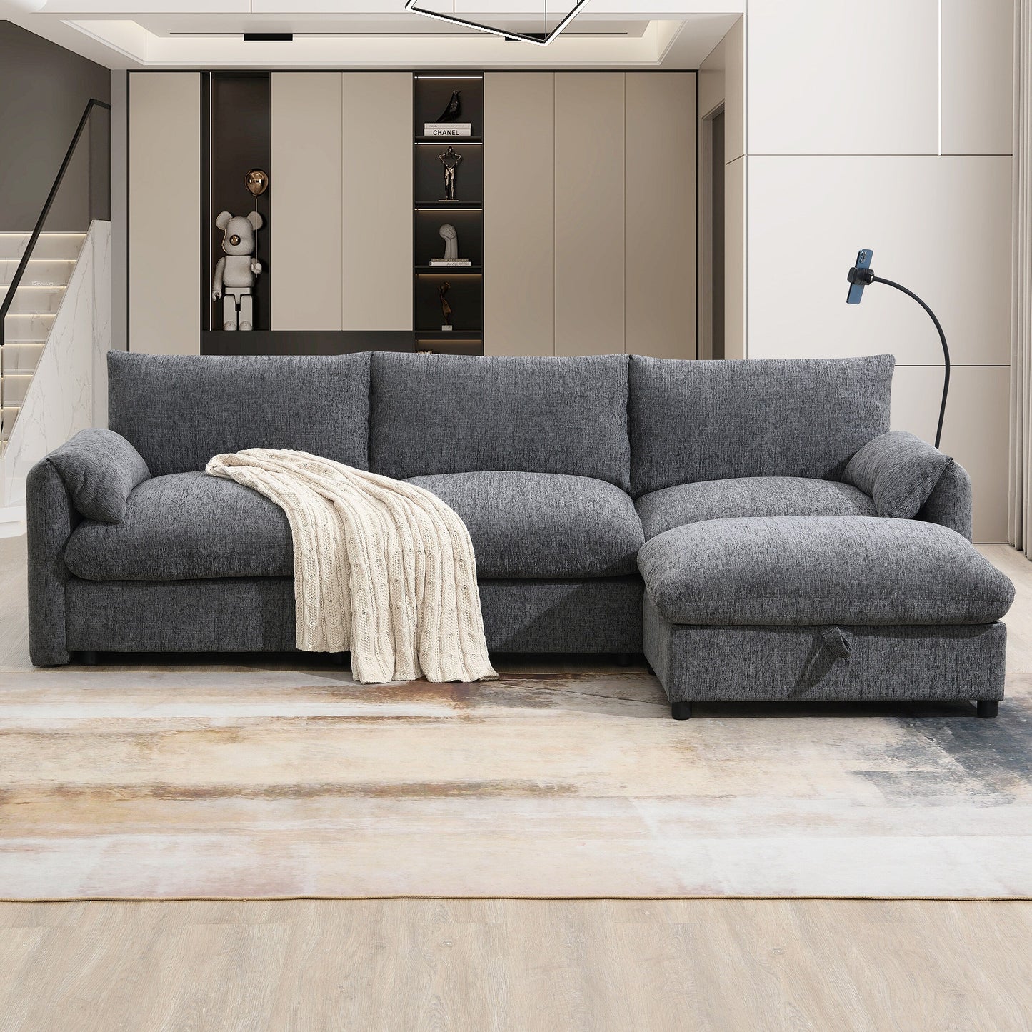Chenille Sectional Sofa With Storage Ottoman And Pockets,Adjustable Phone Holder,Wide Seat,L Shaped Couch Set With Usb Charger
