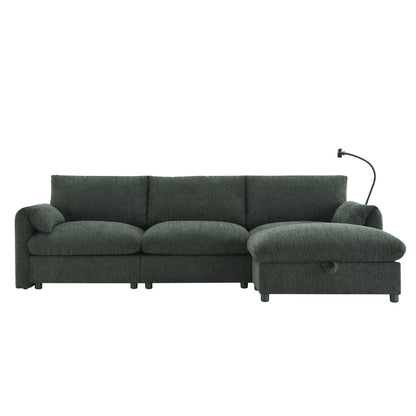 Chenille Sectional Sofa With Storage Ottoman And Pockets,Adjustable Phone Holder,Wide Seat,L Shaped Couch Set With Usb Charger