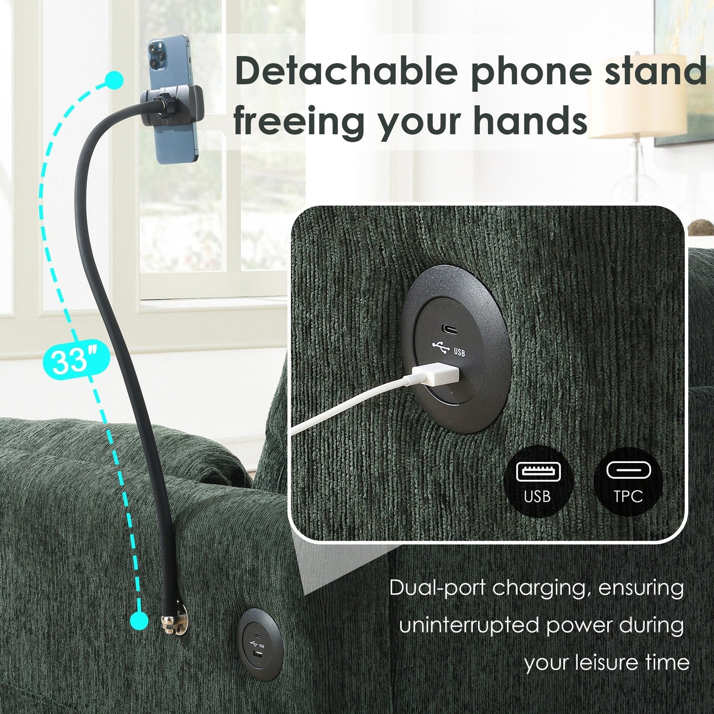 Chenille Sectional Sofa With Storage Ottoman And Pockets,Adjustable Phone Holder,Wide Seat,L Shaped Couch Set With Usb Charger