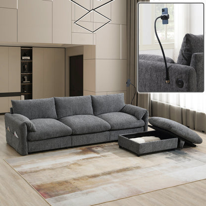 Chenille Sectional Sofa With Storage Ottoman And Pockets,Adjustable Phone Holder,Wide Seat,L Shaped Couch Set With Usb Charger
