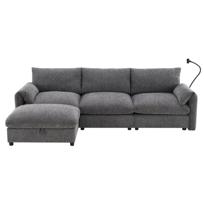 Chenille Sectional Sofa With Storage Ottoman And Pockets,Adjustable Phone Holder,Wide Seat,L Shaped Couch Set With Usb Charger