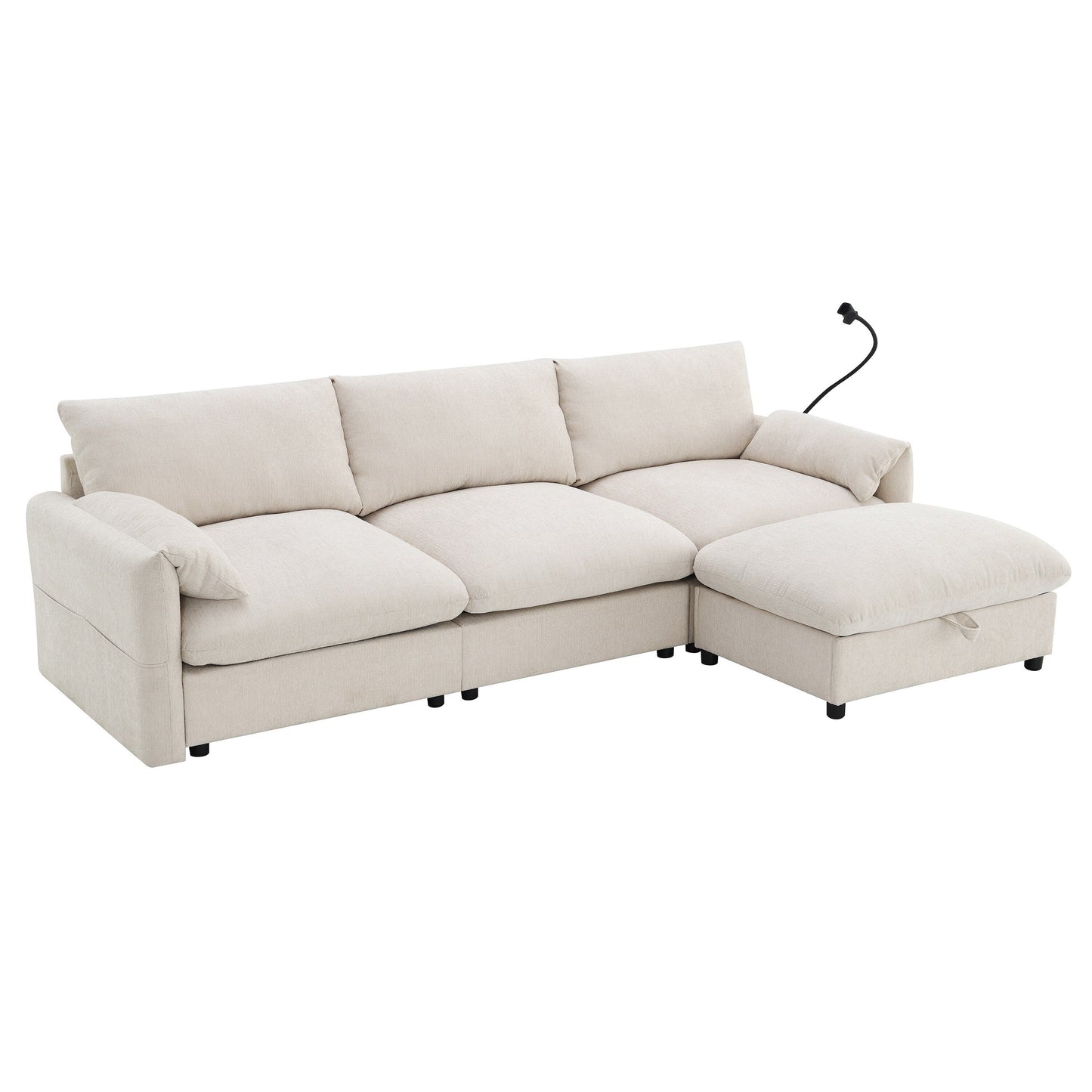 Chenille Sectional Sofa With Storage Ottoman And Pockets,Adjustable Phone Holder,Wide Seat,L Shaped Couch Set With Usb Charger
