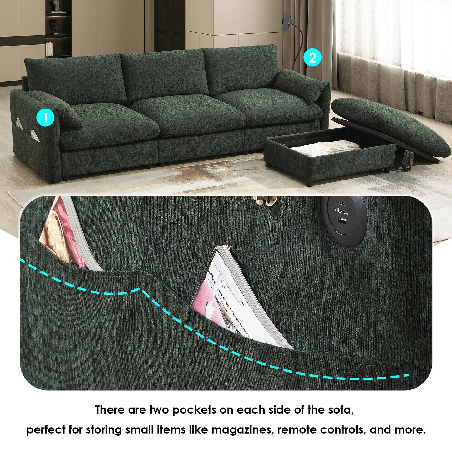 Chenille Sectional Sofa With Storage Ottoman And Pockets,Adjustable Phone Holder,Wide Seat,L Shaped Couch Set With Usb Charger