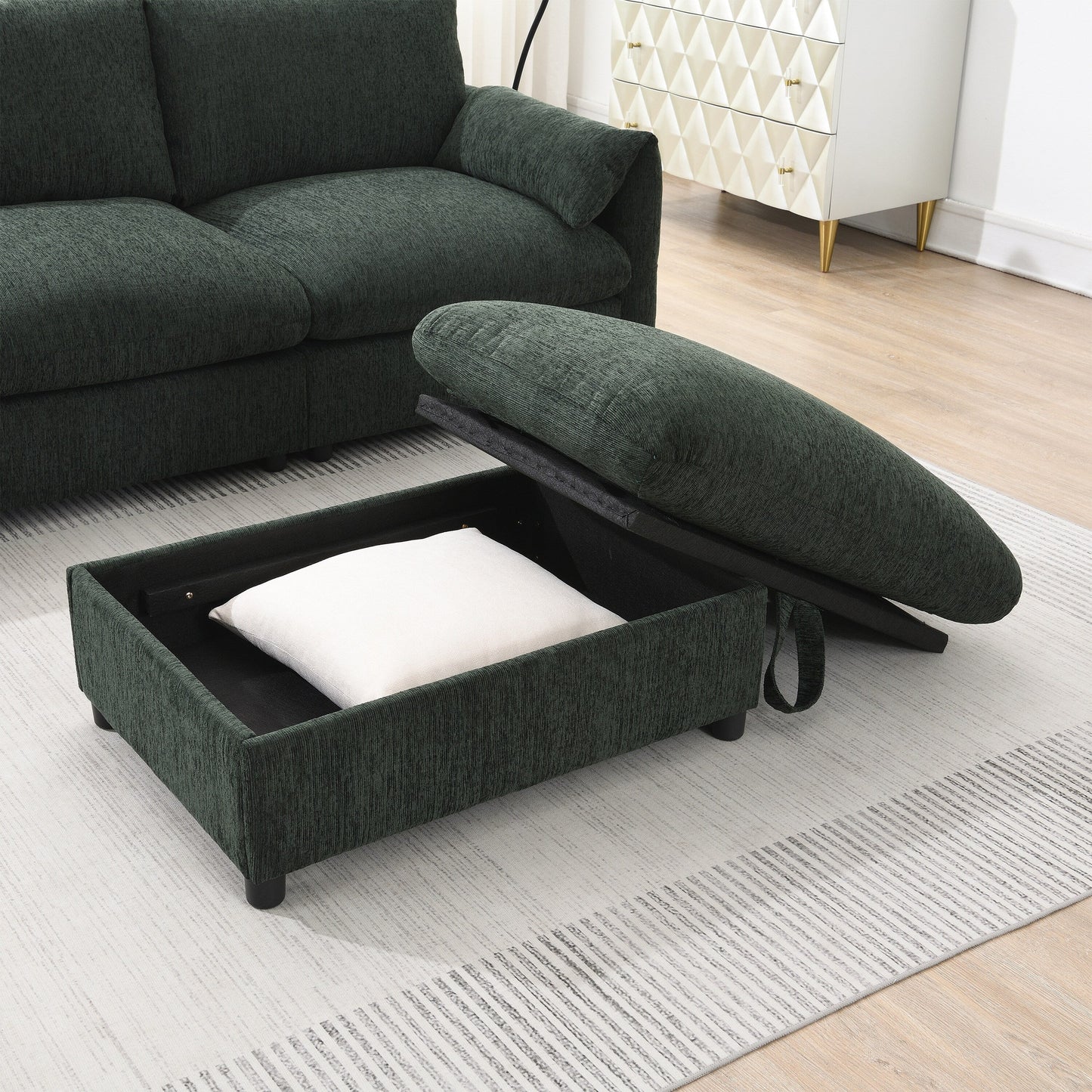 Chenille Sectional Sofa With Storage Ottoman And Pockets,Adjustable Phone Holder,Wide Seat,L Shaped Couch Set With Usb Charger