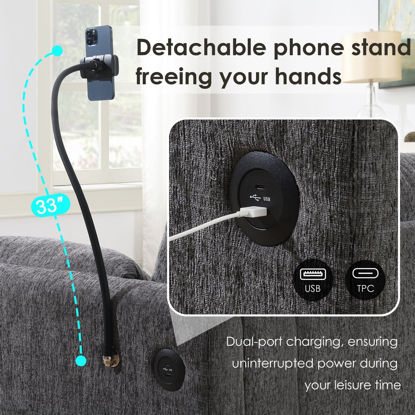 Chenille Sectional Sofa With Storage Ottoman And Pockets,Adjustable Phone Holder,Wide Seat,L Shaped Couch Set With Usb Charger