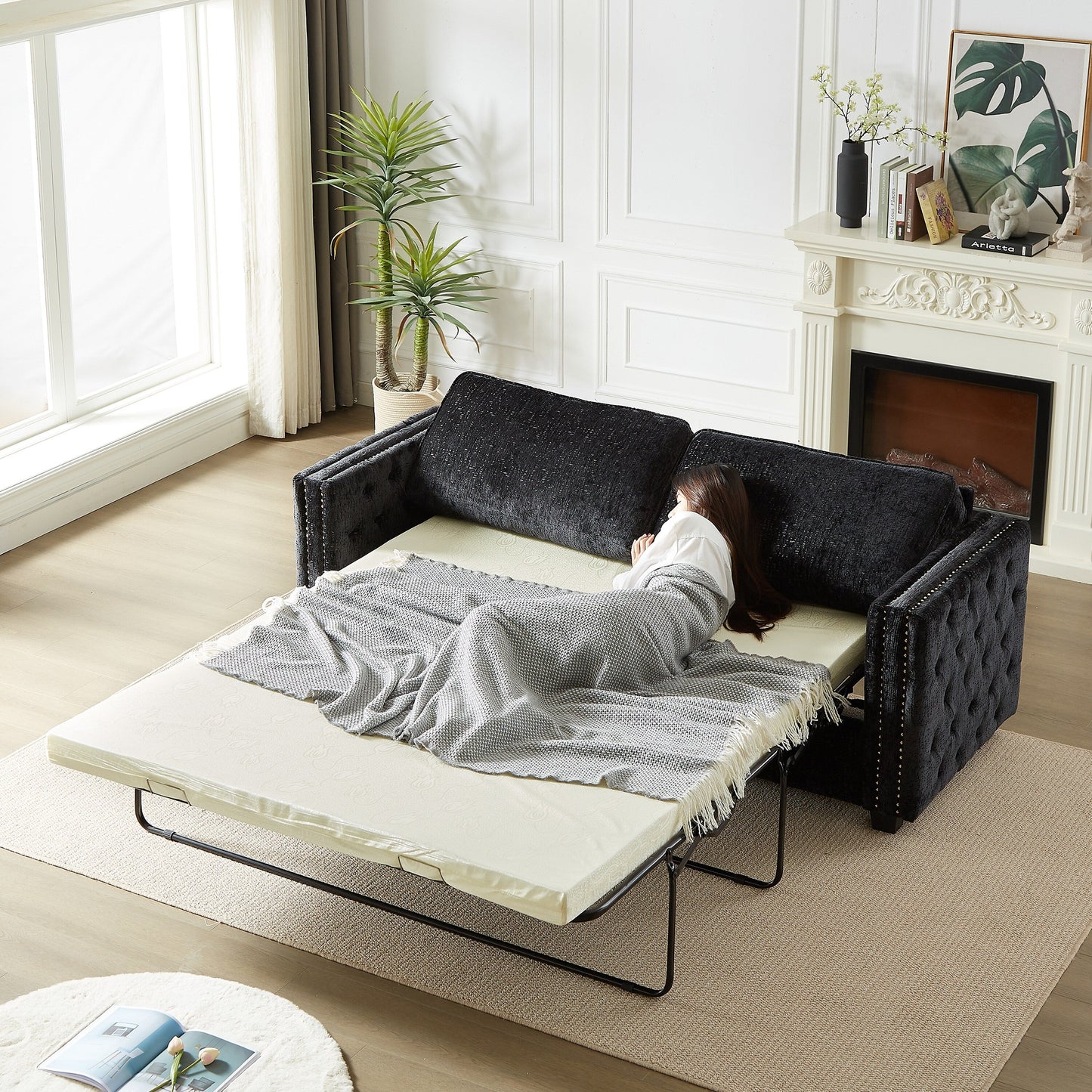Chenille Sleeper Sofa with Memory Foam Mattress