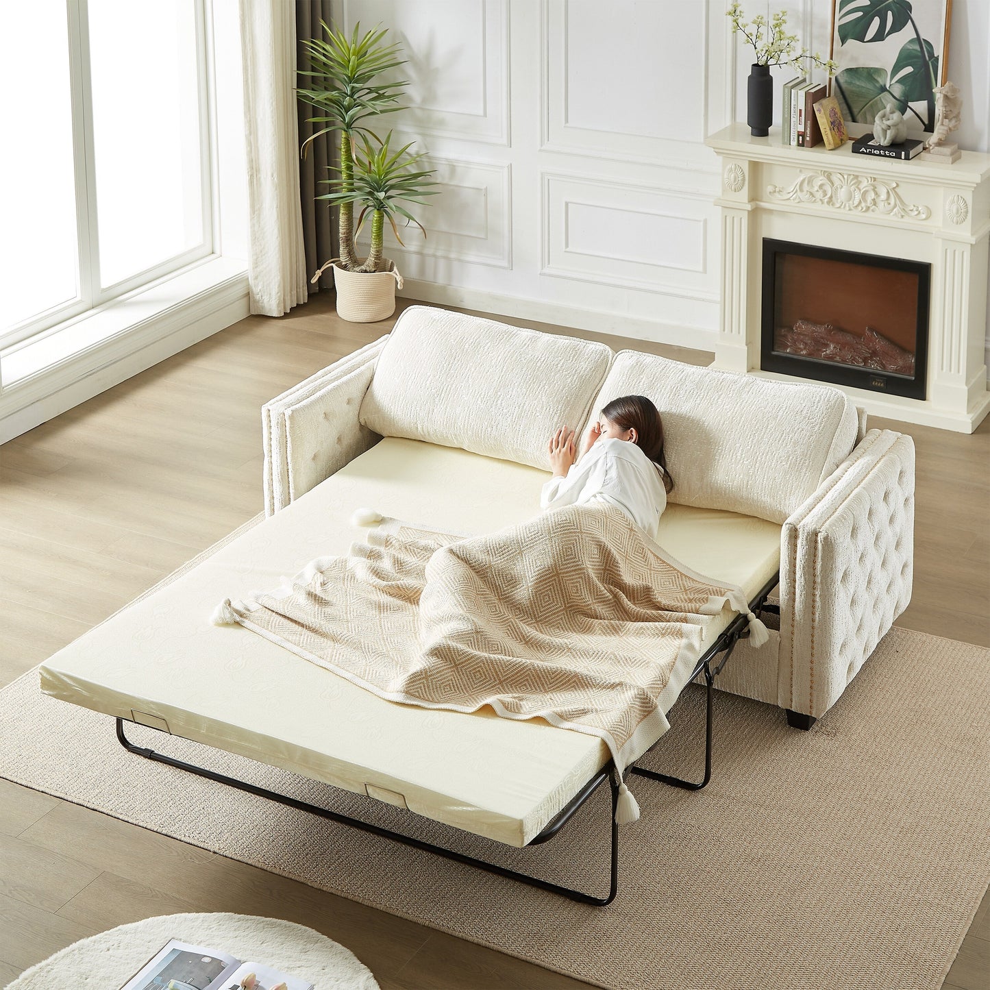 Chenille Sleeper Sofa with Memory Foam Mattress