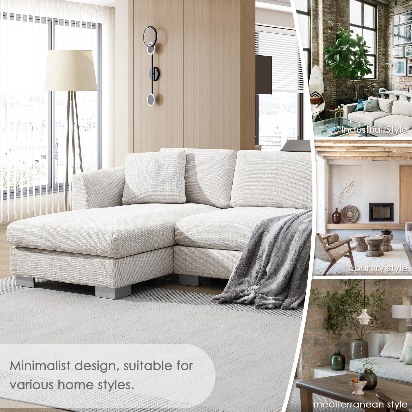 Cloud Sectional Sofa,L-Shaped Luxury Couch Set With 2 Free Pillows,4-Seat Chenille Indoor Furniture With Oversized Chaise