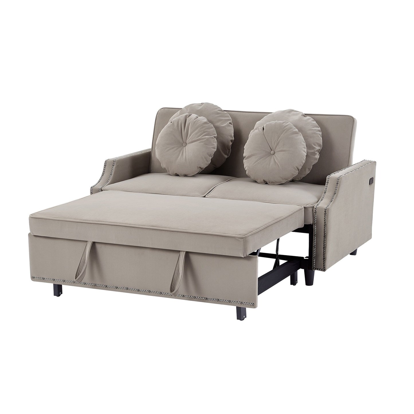 Coffee 54.7 Polyester Loveseat Adjustable Sofa Bed with Two USB Ports and Four Floral Lumbar Pillows
