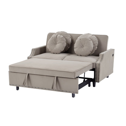 Coffee 54.7 Polyester Loveseat Adjustable Sofa Bed with Two USB Ports and Four Floral Lumbar Pillows