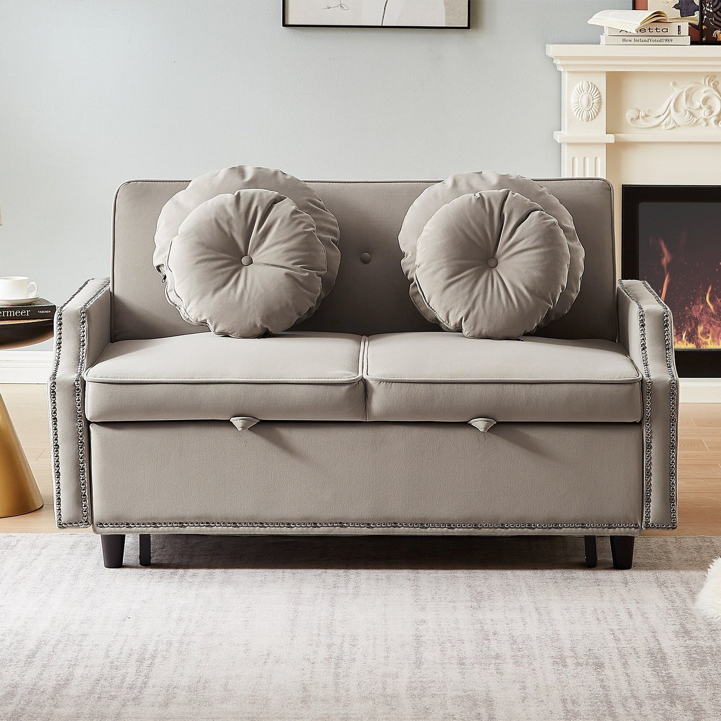 Coffee 54.7 Polyester Loveseat Adjustable Sofa Bed with Two USB Ports and Four Floral Lumbar Pillows