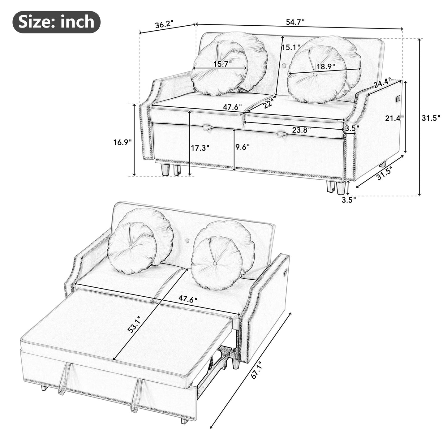Coffee 54.7 Polyester Loveseat Adjustable Sofa Bed with Two USB Ports and Four Floral Lumbar Pillows