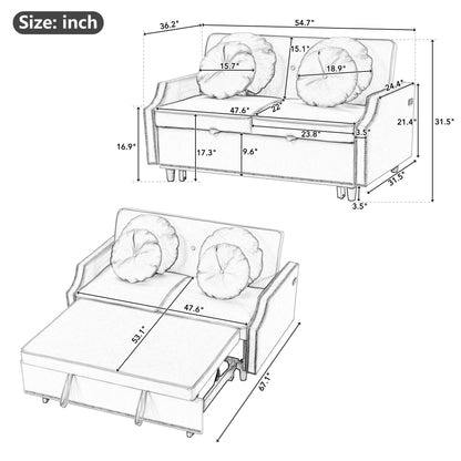 Coffee 54.7 Polyester Loveseat Adjustable Sofa Bed with Two USB Ports and Four Floral Lumbar Pillows