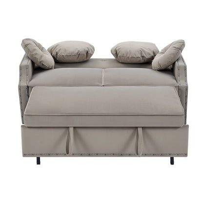 Coffee 54.7 Polyester Loveseat Adjustable Sofa Bed with Two USB Ports and Four Floral Lumbar Pillows