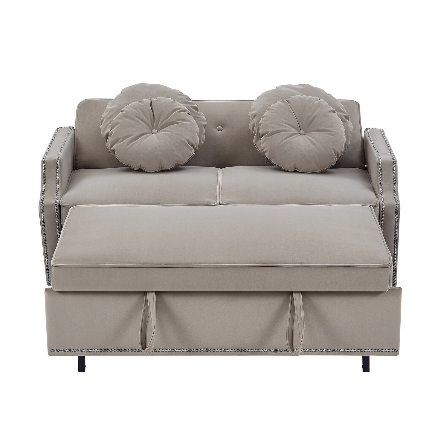 Coffee 54.7 Polyester Loveseat Adjustable Sofa Bed with Two USB Ports and Four Floral Lumbar Pillows