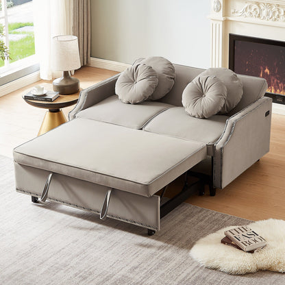Coffee 54.7 Polyester Loveseat Adjustable Sofa Bed with Two USB Ports and Four Floral Lumbar Pillows
