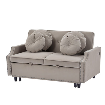 Coffee 54.7 Polyester Loveseat Adjustable Sofa Bed with Two USB Ports and Four Floral Lumbar Pillows