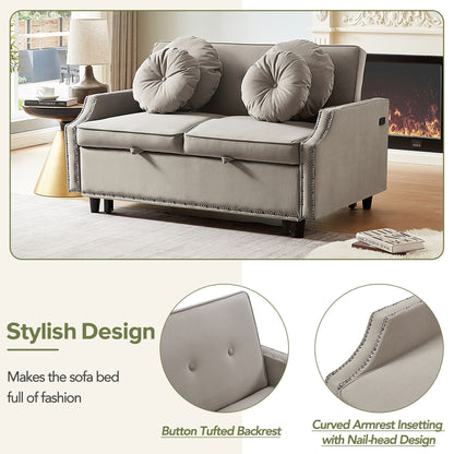Coffee 54.7 Polyester Loveseat Adjustable Sofa Bed with Two USB Ports and Four Floral Lumbar Pillows