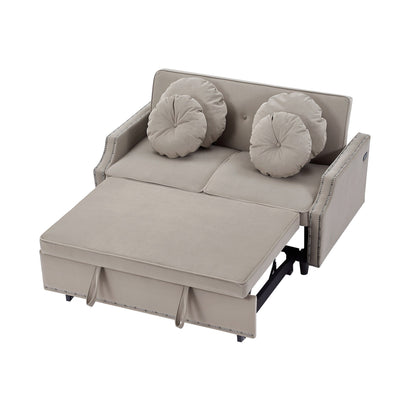 Coffee 54.7 Polyester Loveseat Adjustable Sofa Bed with Two USB Ports and Four Floral Lumbar Pillows