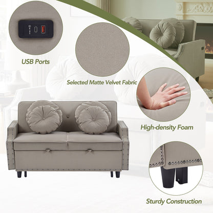 Coffee 54.7 Polyester Loveseat Adjustable Sofa Bed with Two USB Ports and Four Floral Lumbar Pillows