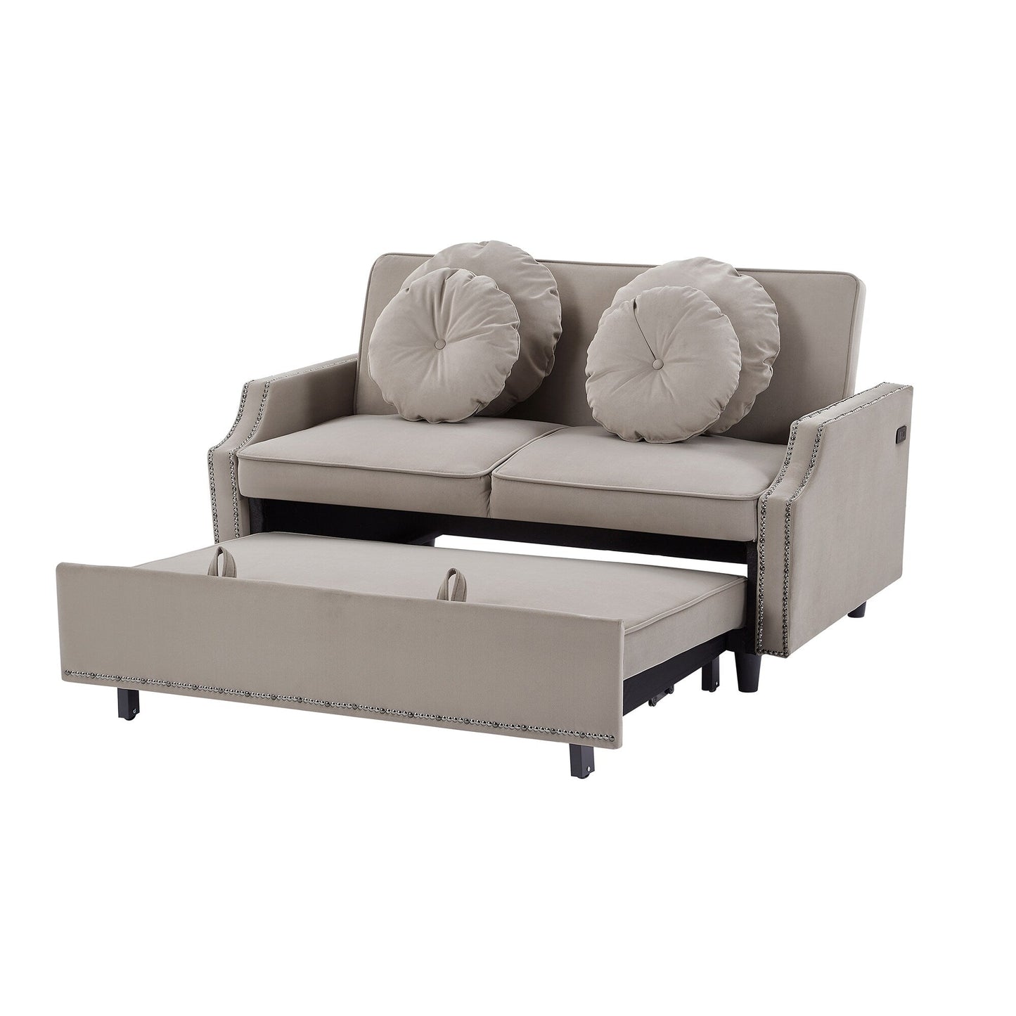 Coffee 54.7 Polyester Loveseat Adjustable Sofa Bed with Two USB Ports and Four Floral Lumbar Pillows